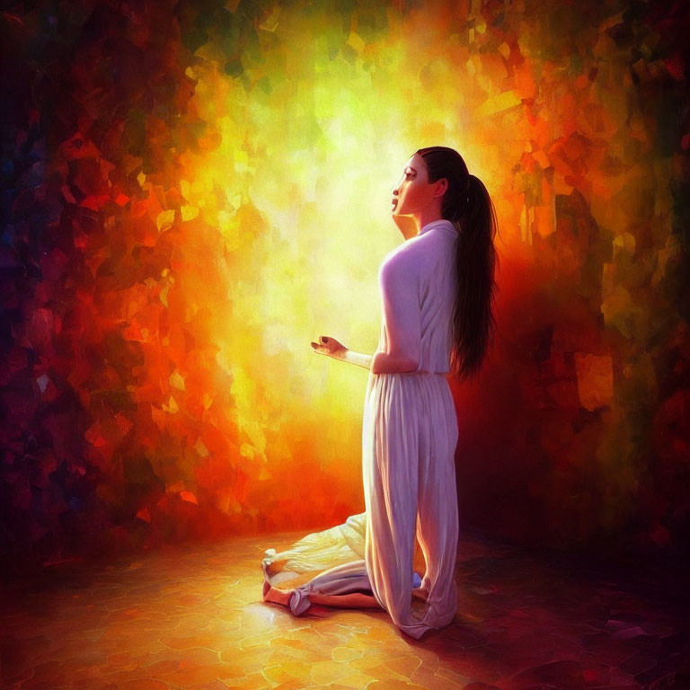 Woman in White Kneeling Against Vibrant Background