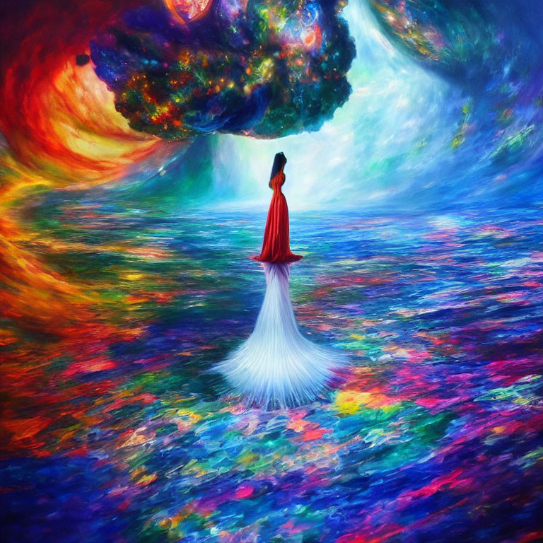 Person in Red Dress Stands Under Vibrant Swirling Sky