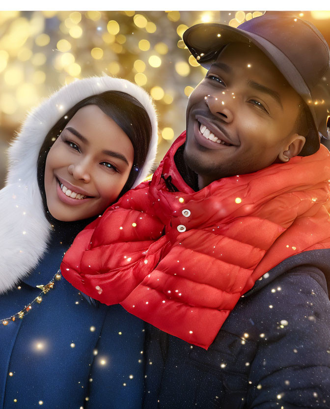 Smiling couple in winter attire close embrace with blurred background