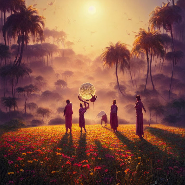 Individuals in floral field with misty palm backdrop and flying birds at sunrise or sunset