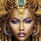 Woman portrait with dramatic makeup and golden headdress with blue gemstones