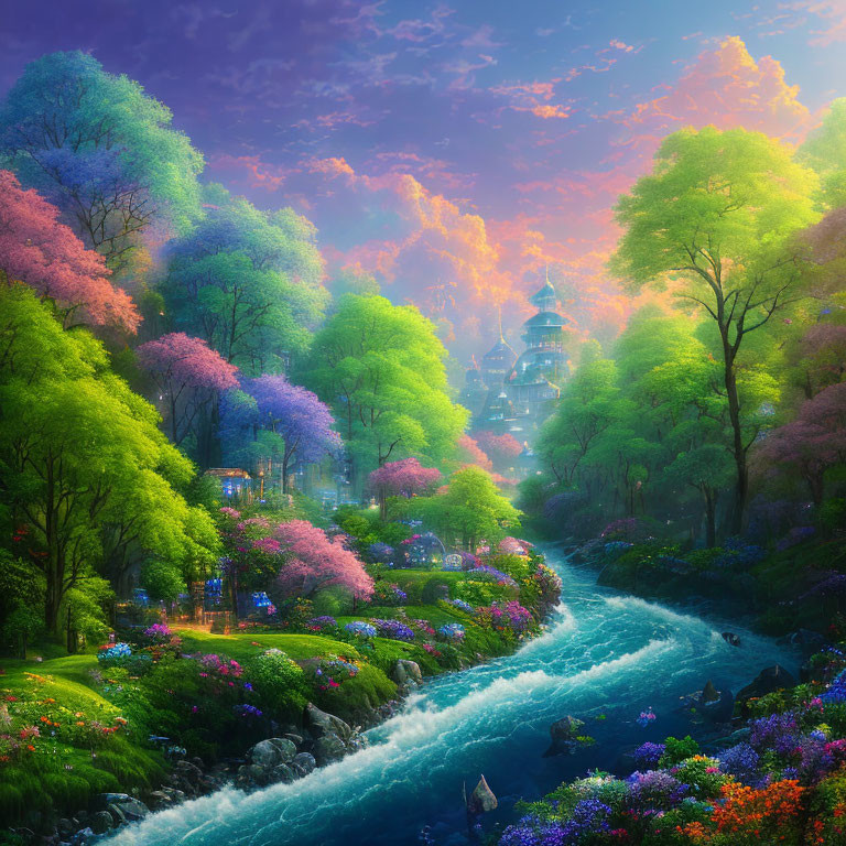 Colorful Fantasy Landscape with River, Blooming Trees, Castle, and Sunset Sky