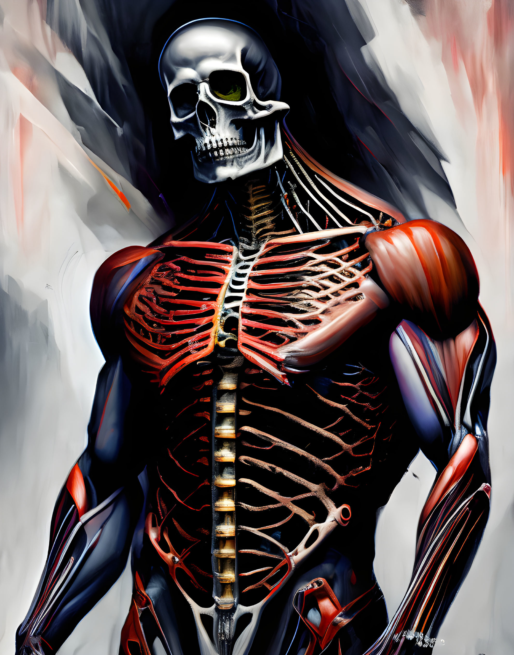 Detailed Anatomical Illustration of Humanoid Figure with Exposed Skeleton and Red Musculature