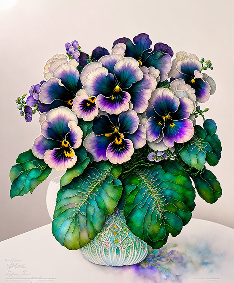 Purple and Yellow Pansies in Ornate Vase on Light Background