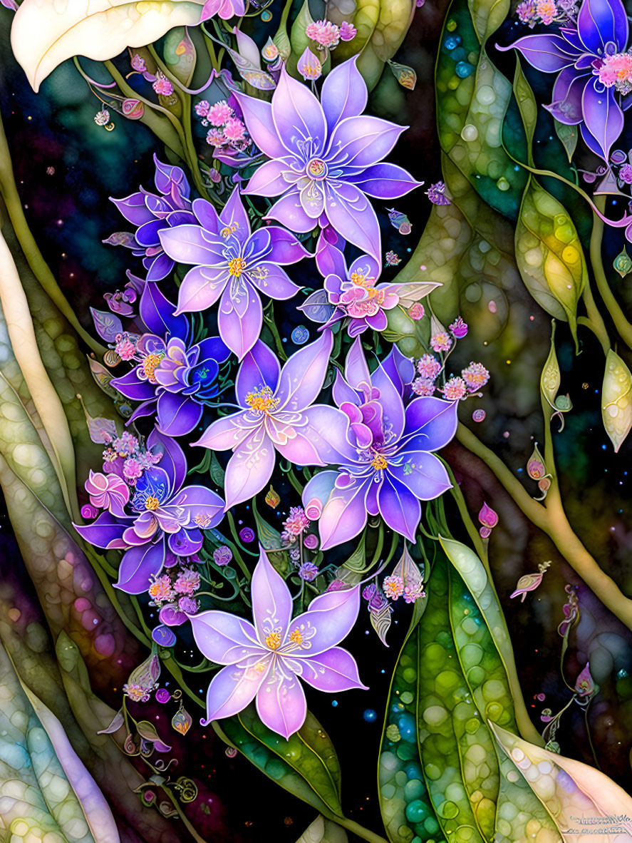 Luminous Purple Flowers on Dark Speckled Background