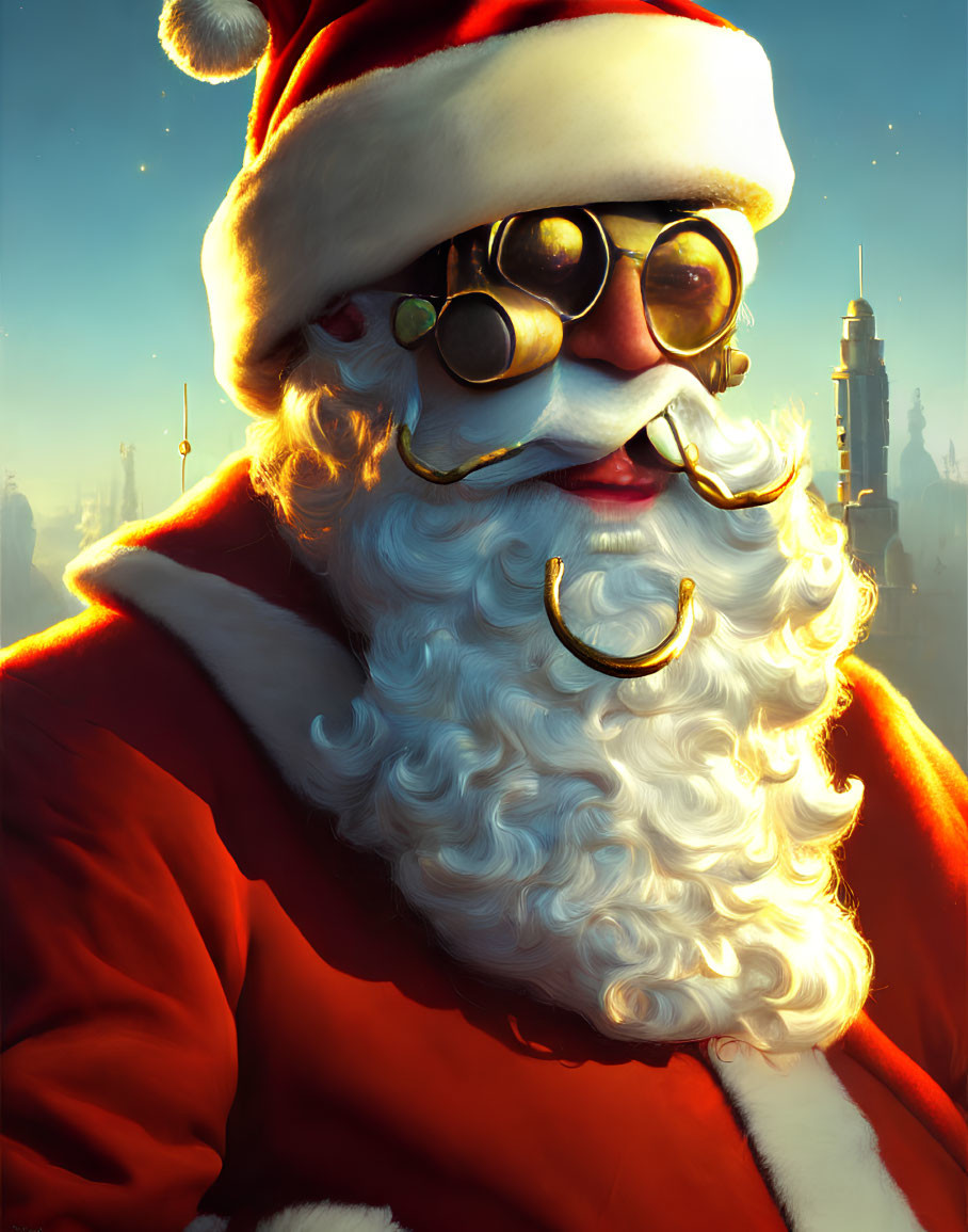 Colorful Santa Claus illustration with white beard and goggles in cityscape.