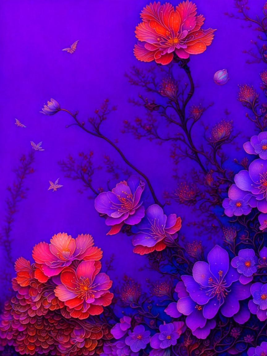 Colorful Purple Backdrop with Orange and Blue Flowers, Branches, and Butterflies