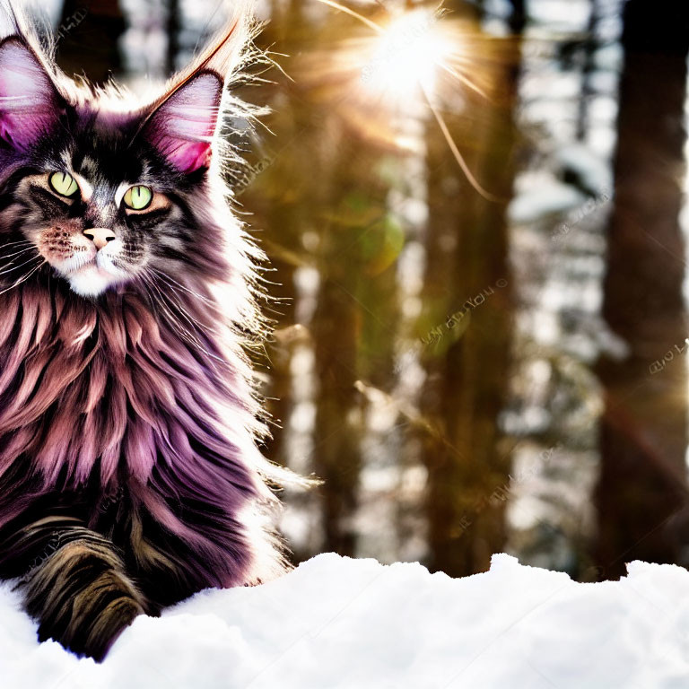 Long-haired cat with green eyes in snow with forest background