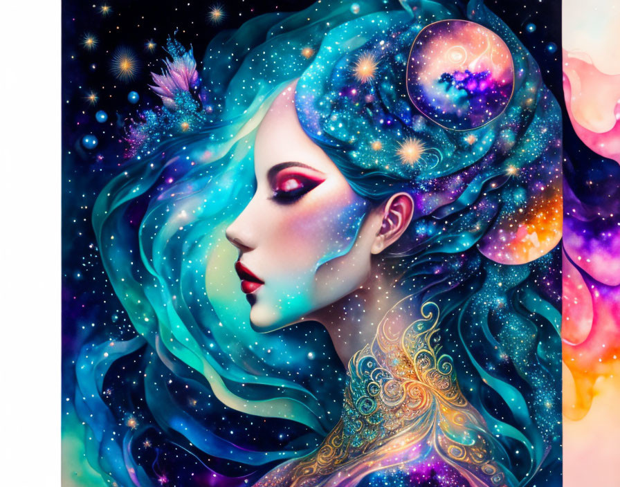 Colorful artwork of woman with galaxy-themed hair and skin in cosmic design