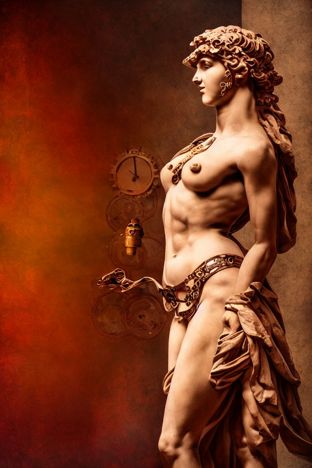 Classical statue of draped female figure with exposed torso and vintage clocks on warm background