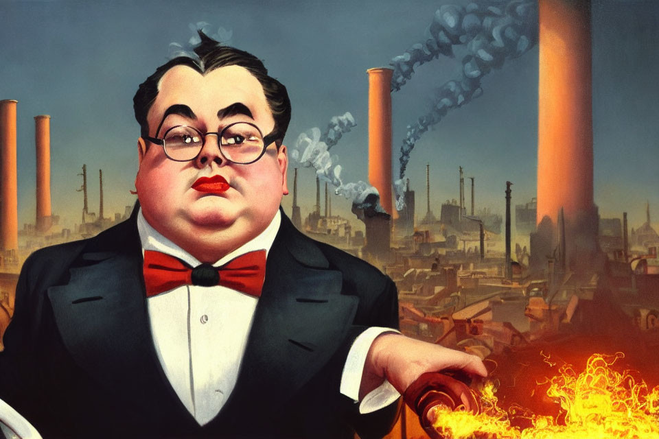 Exaggerated man in red bow tie and suit against industrial backdrop