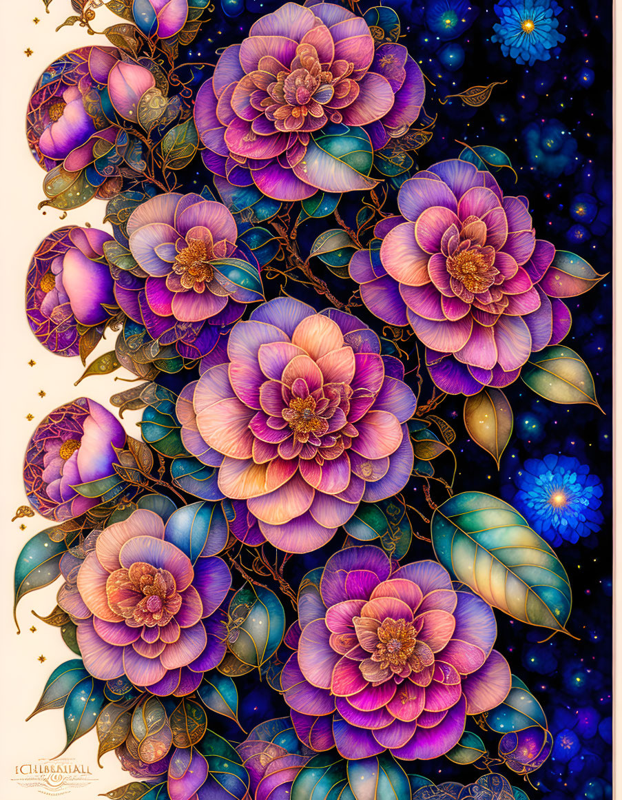 Colorful Flowers with Golden Outlines on Starry Night Background