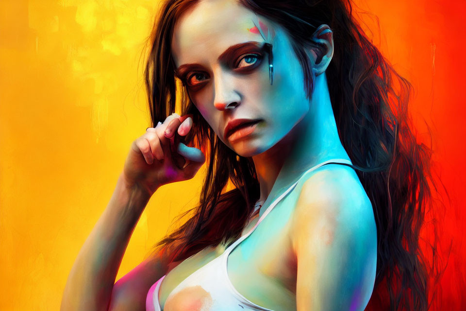 Intense gaze portrait with blue and orange backdrop and paint splashes