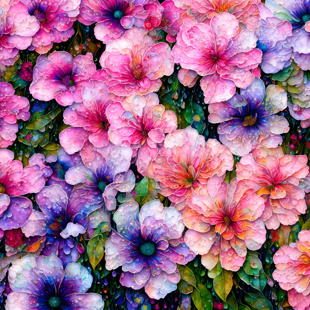 Colorful Flower Painting with Pink Hues and Water Droplets