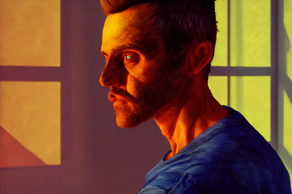 Stylized profile portrait with intense shadows and warm golden light