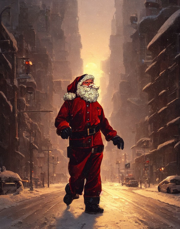 Santa Claus strolling snowy urban street at sunset