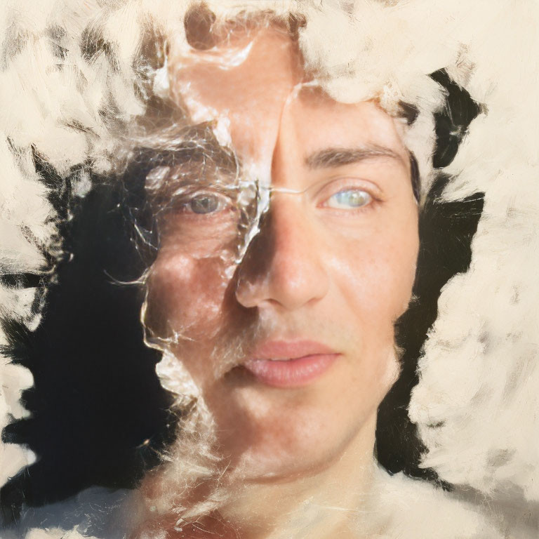 Close-Up Portrait with Textured White Shapes for a Fragmented, Dreamlike Effect