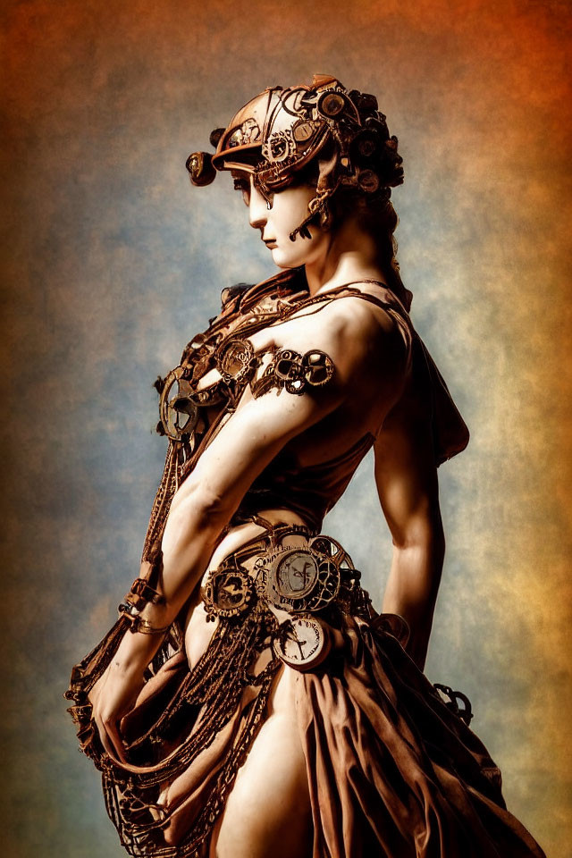 Steampunk-inspired outfit with cog and gear accessories on warm-toned backdrop