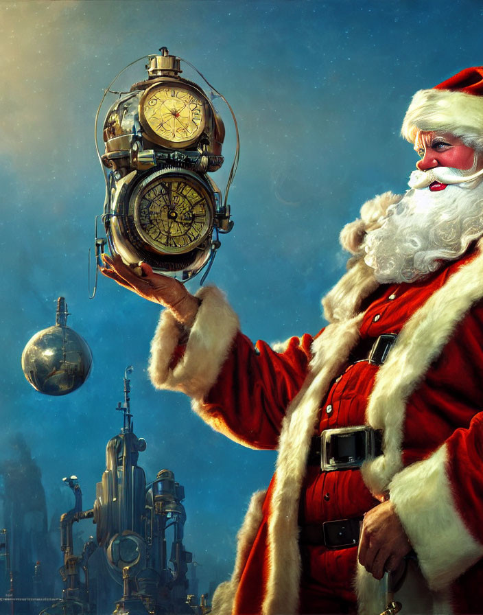 Santa Claus with golden clock in futuristic cityscape.