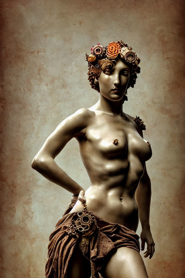 Classical statue with steampunk elements and metallic flowers