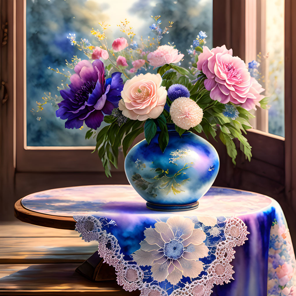 Colorful bouquet in blue vase on lace table by window with blue sky view