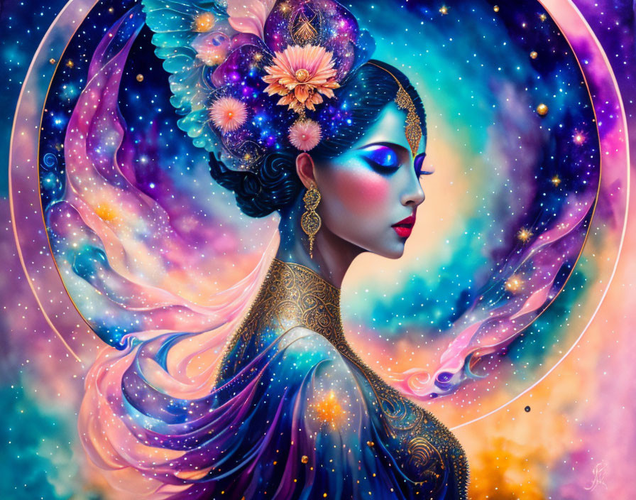 Vibrant cosmic-themed woman artwork against starry backdrop