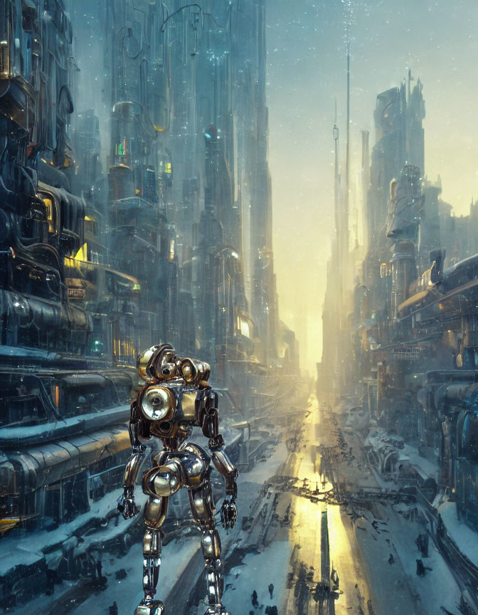 Reflective robot in futuristic snowy cityscape with towering buildings