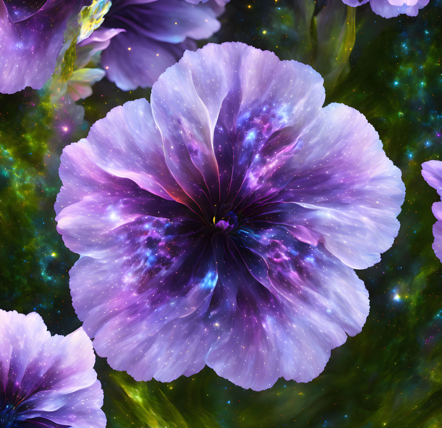 Vibrant cosmic-themed flower with purple and white petals on starry space background