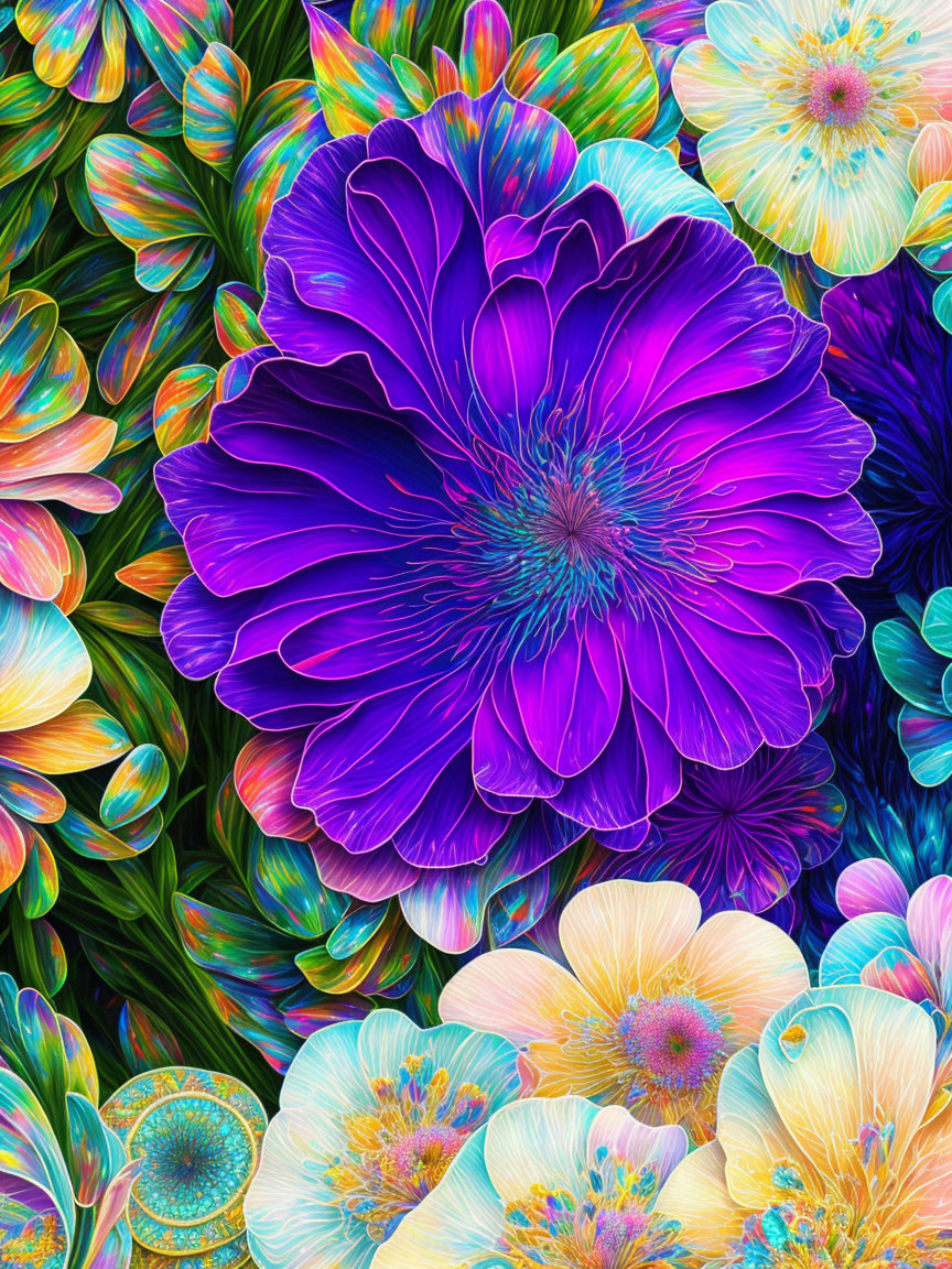 Detailed Digital Artwork of Vibrant Purple Flower and Colorful Stylized Flowers