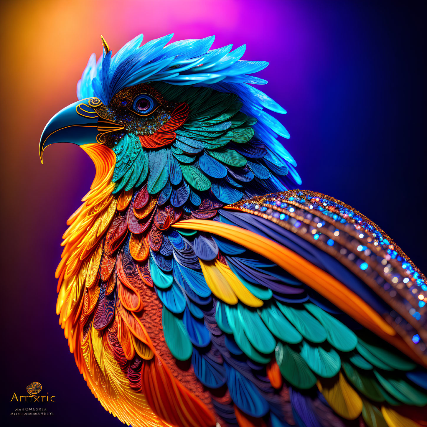 Colorful Stylized Bird with Blue, Green, and Orange Feathers