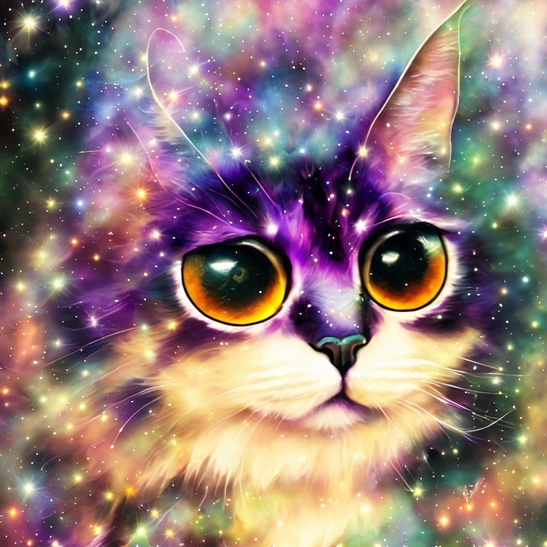 Colorful digital cat art with cosmic patterns and luminous eyes