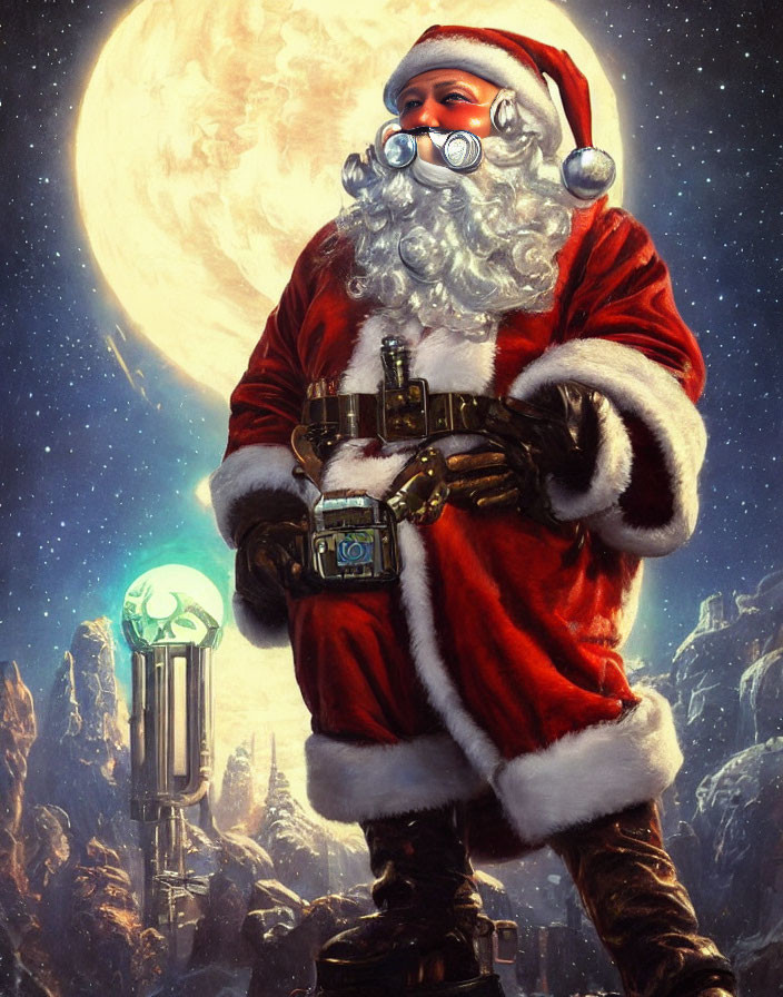 Futuristic Santa Claus with red suit and breathing mask on lunar backdrop