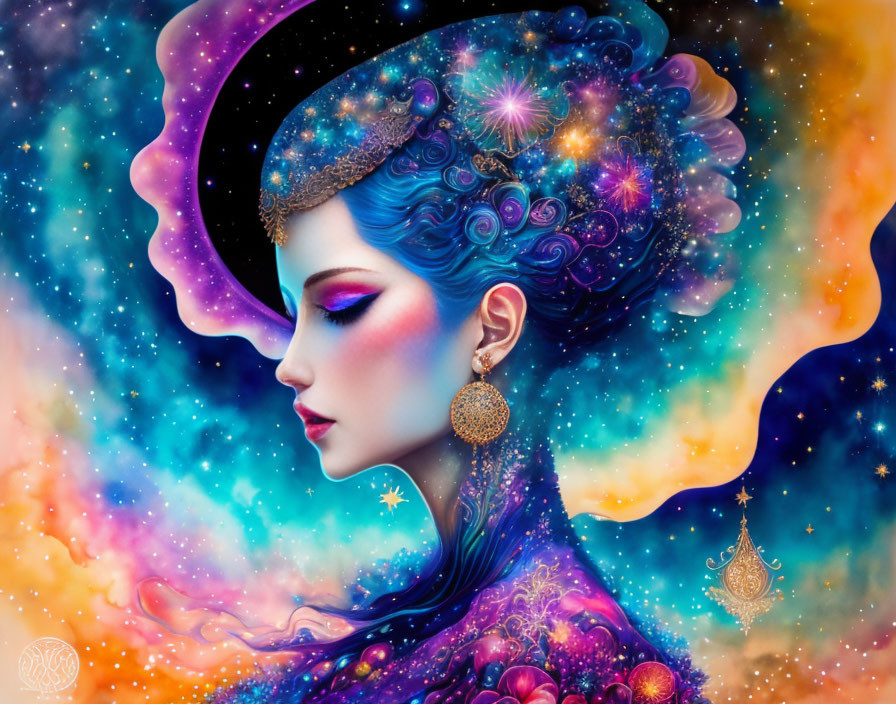 Cosmic-themed woman with blue hair in vibrant illustration