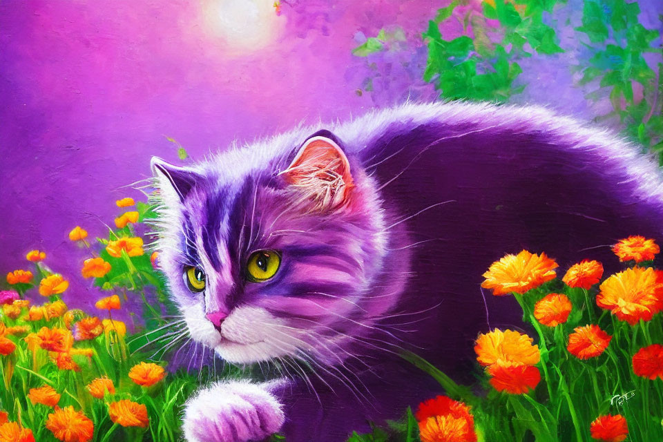 Colorful painting of gray and white cat with flowers on purple backdrop