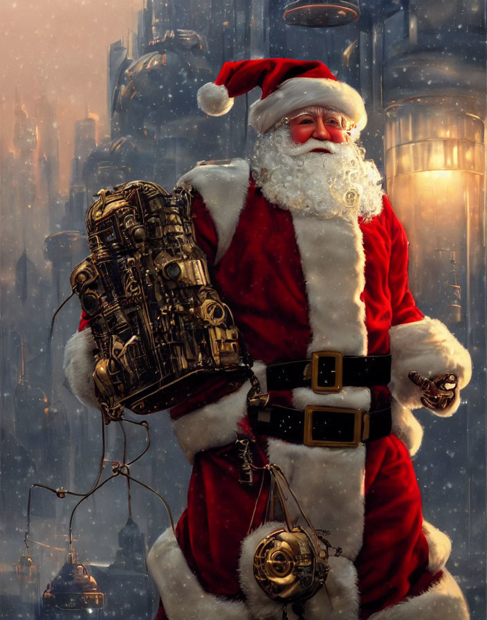 Futuristic Santa Claus in red costume with mechanical object and cityscape background