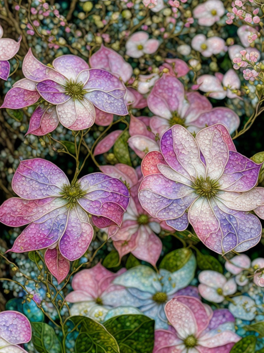 Colorful Cluster of Intricate Veined Hydrangea Flowers