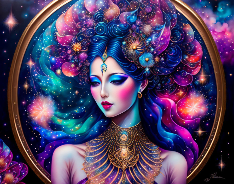 Colorful digital artwork: Woman with cosmic-themed hair and makeup in golden oval with stars, galaxies,