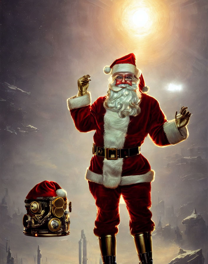 Futuristic Santa Claus with high-tech goggles and robotic reindeer