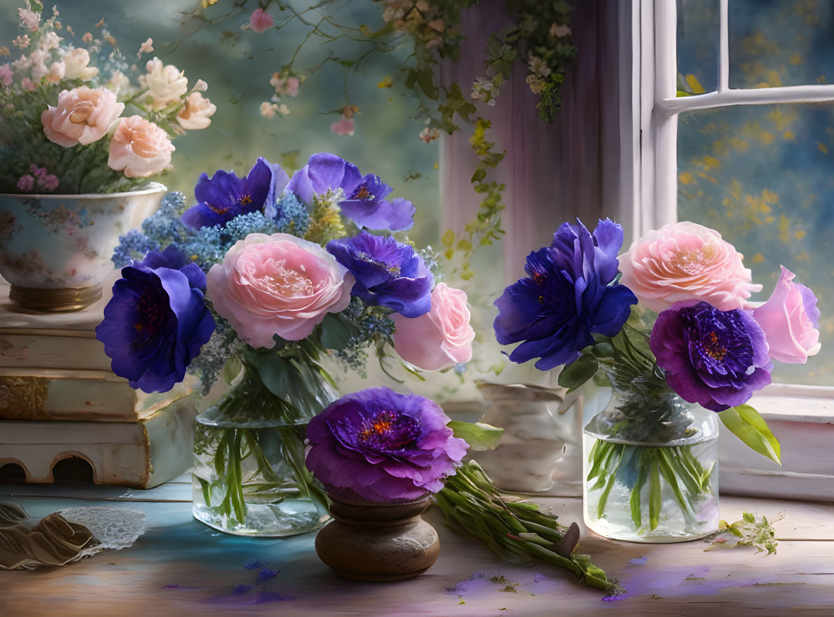 Pink and Purple Flower Bouquets on Rustic Windowsill