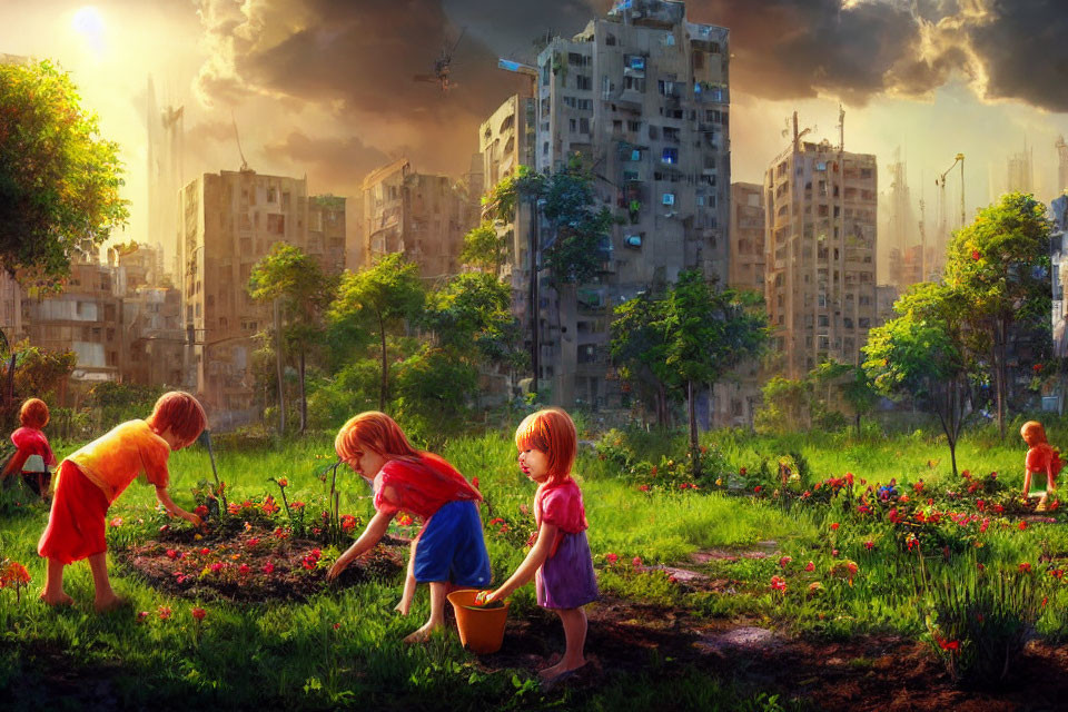 Children playing in lush garden amid dilapidated urban ruins at sunset