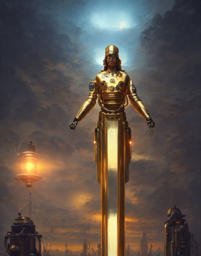 Golden humanoid robot hovers with propulsion trail in futuristic dusk scene