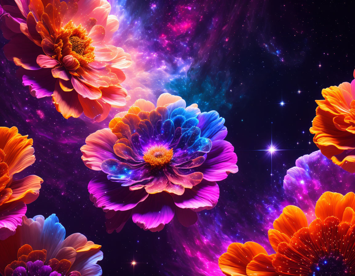 Colorful flowers in cosmic space with stars, nebulae, and galaxy background