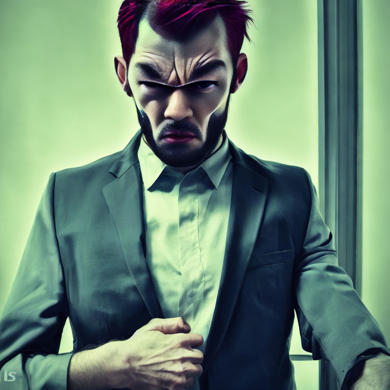 Man with red mohawk and gray suit displaying stylized frown.