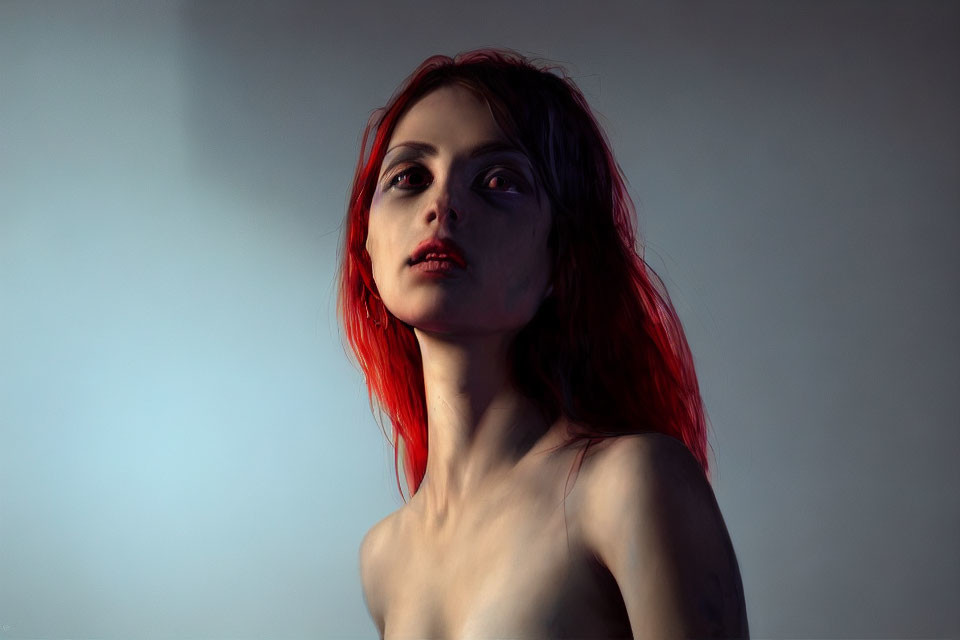 Striking red-haired person with intense gaze on blue gradient background