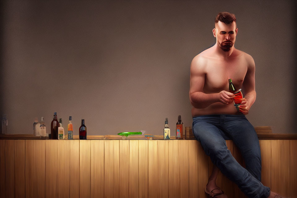 Bearded man with bottle and carrot on wooden counter