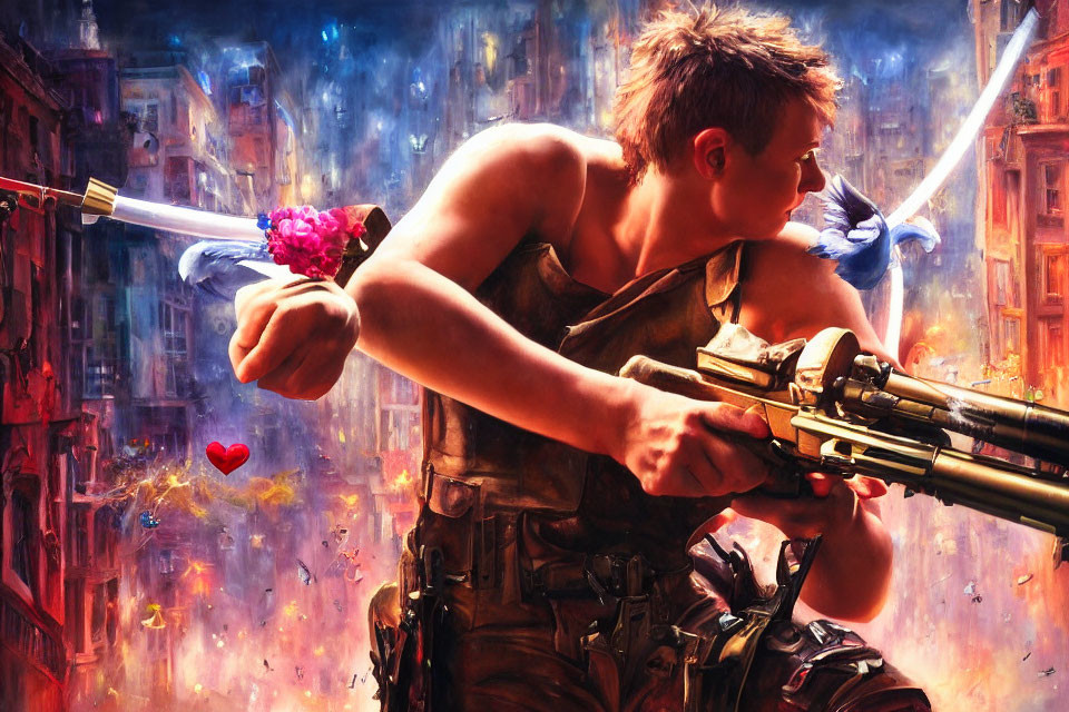 Muscular man with futuristic crossbow in dystopian scene with pink flower and heart.