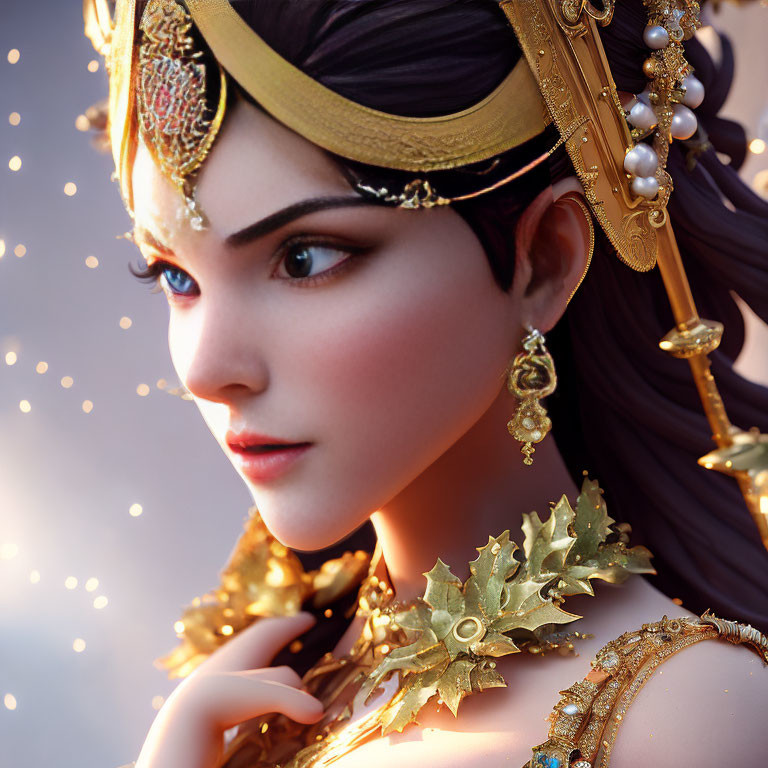 Fantasy-style 3D portrait of a woman with golden jewelry and mystical headpiece