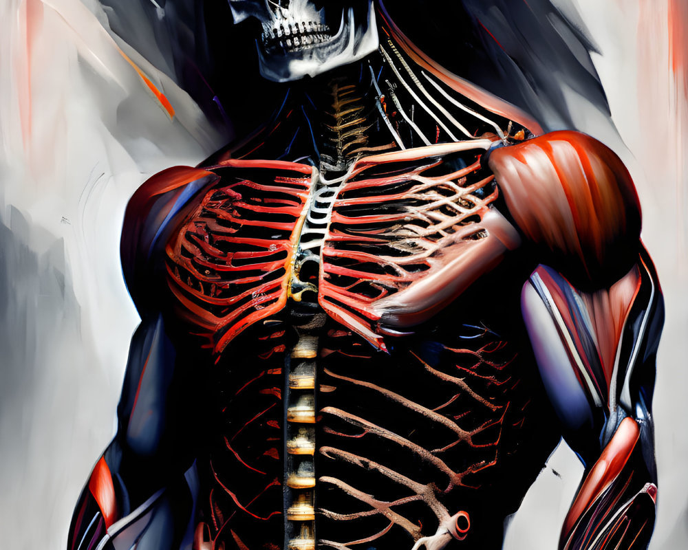 Detailed Anatomical Illustration of Humanoid Figure with Exposed Skeleton and Red Musculature