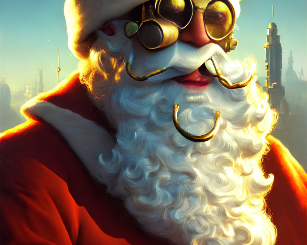 Colorful Santa Claus illustration with white beard and goggles in cityscape.