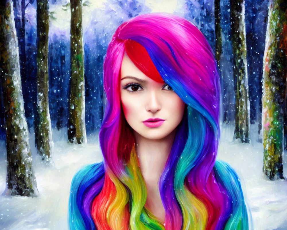 Person with Vibrant Multicolored Hair in Snowy Forest Scene